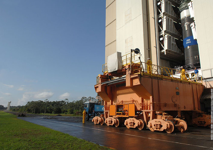 Vega first stage engine leaving booster integration building