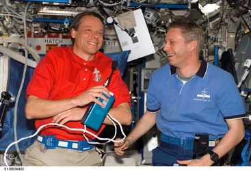 Christer Fuglesang and Thomas Reiter during an inflight call with Crown Princess Victoria of Sweden