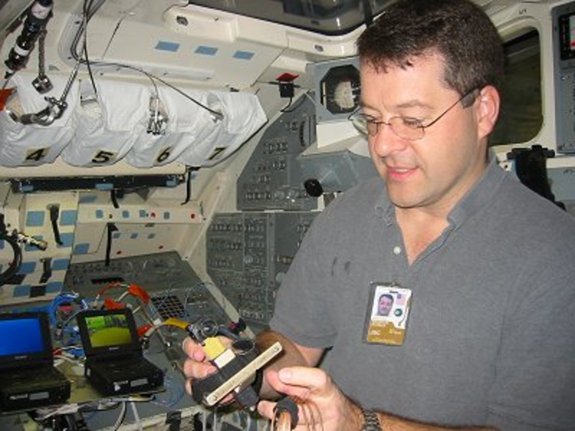 Nick, yesterday, during the last practice exercise in the Space Shuttle simulator, which I participated in. Those sitting on the flight deck have a final launch/lift-off simulation on Friday.