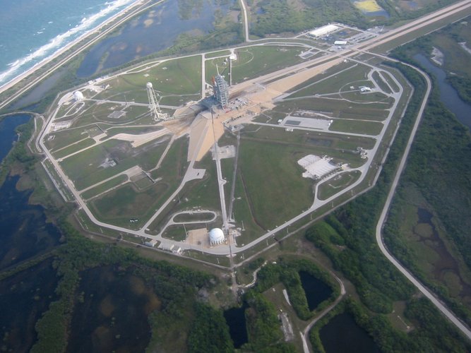 View from above of Space Shuttle Discovery waiting on the launch pad