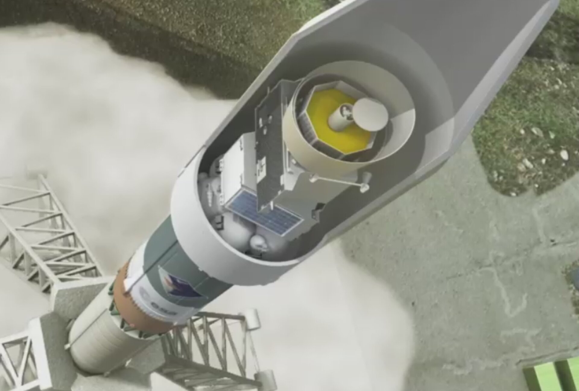 Zo zal BepiColombo in de neuskegel van de Sojoez 2-1B lanceerraket opgeborgen zitten