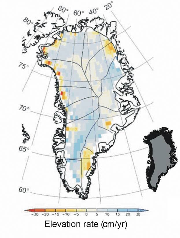 Plot showing rate of change of Greenland ice-sheet elevation