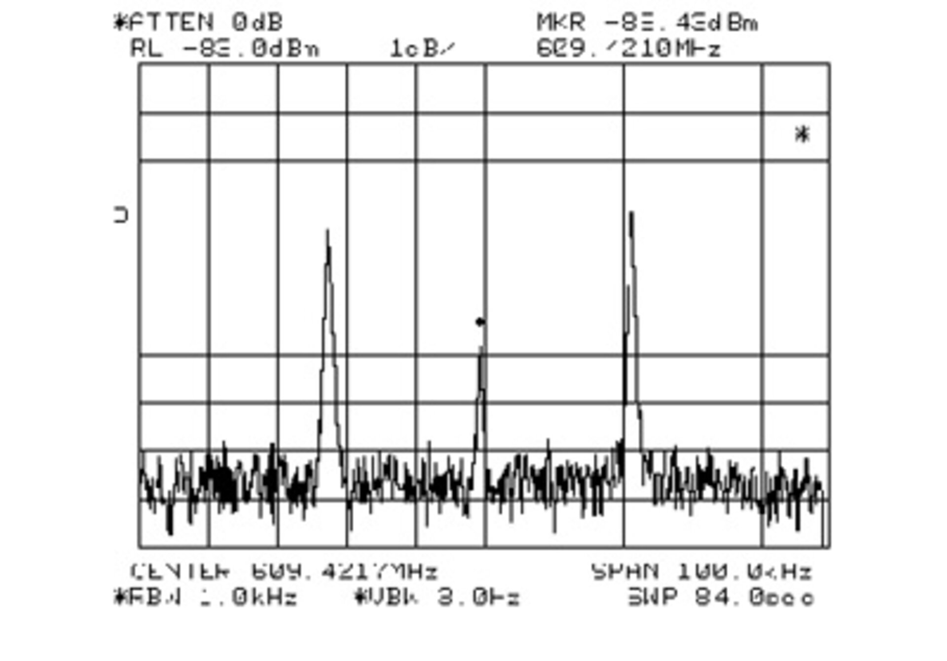 Spectrum analyser display indicating first signals received from Stardust at DSA 1