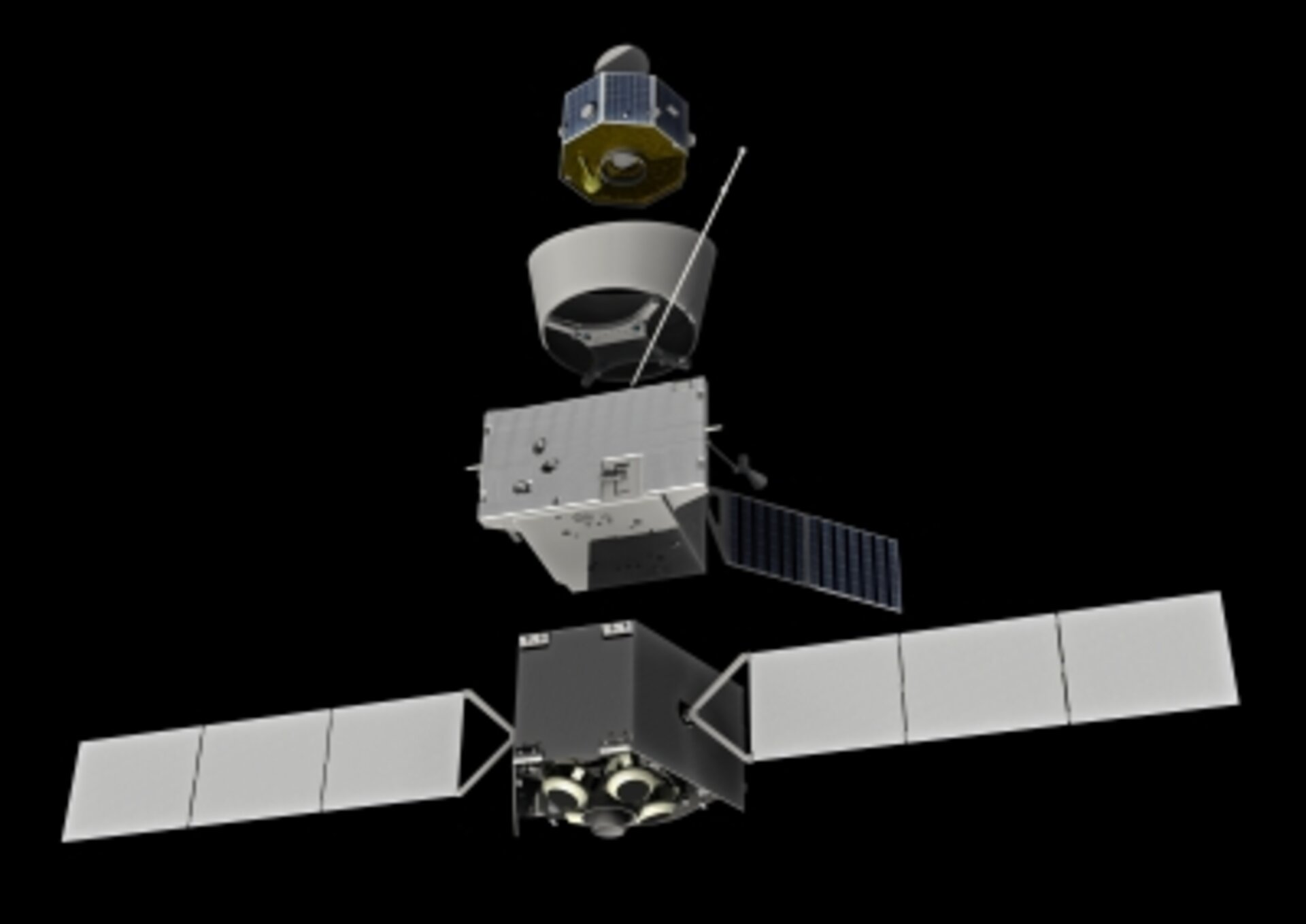 BepiColombo, bestehen aus japanischem (oben) und ESA-Orbiter MPO (mitte) sowie Antriebsmodul (unten)