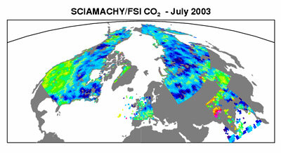 Livello globale di biossido di carbonio misurato dallo strumento SCIAMACHY nei mesi di Luglio a Ottobre del 2003