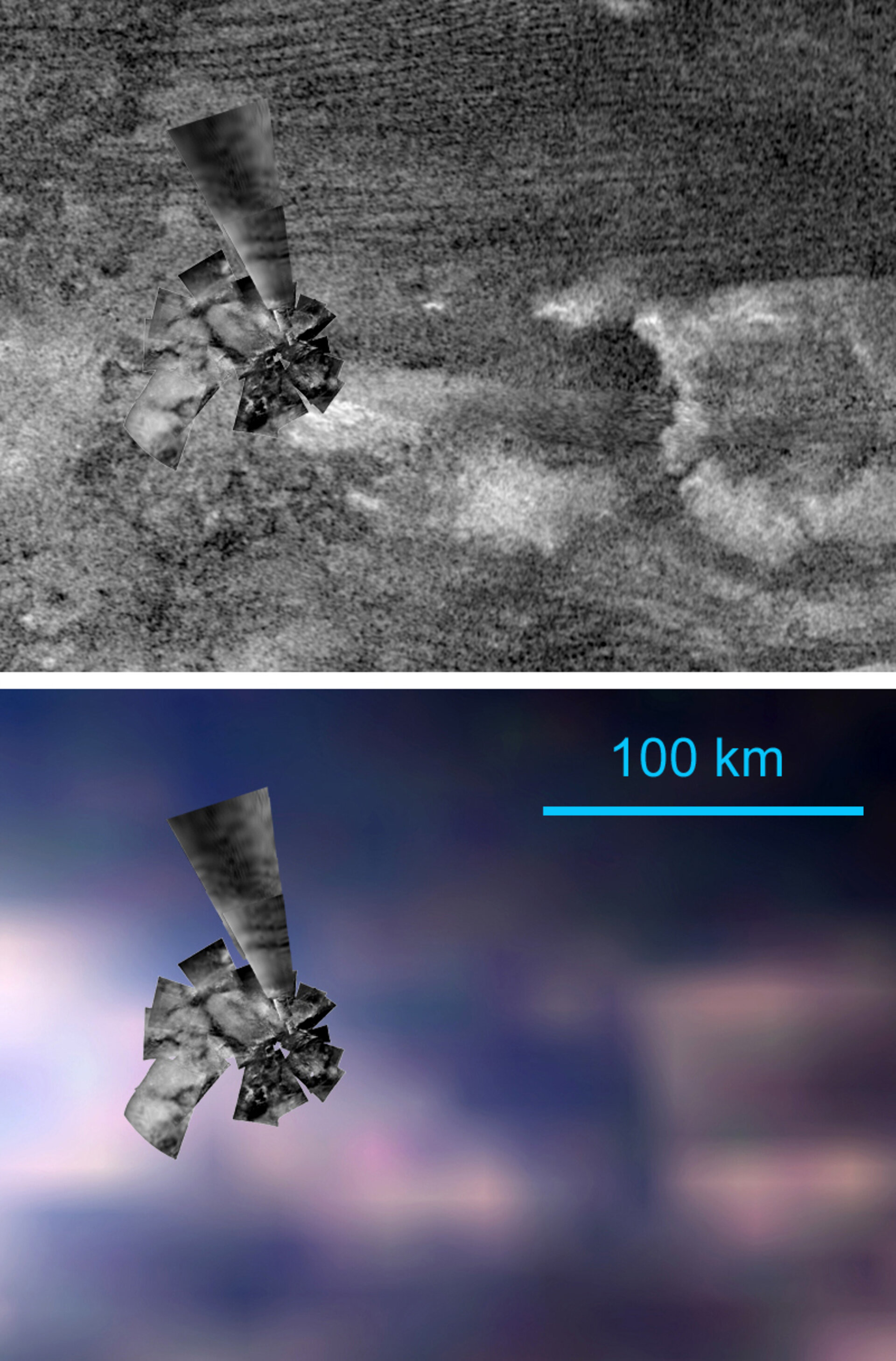 Overlaid Huygens and Cassini images of the landing area