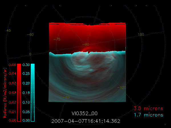 Sammensat infrarød video af roterende skysystemer over Venus' sydpol.