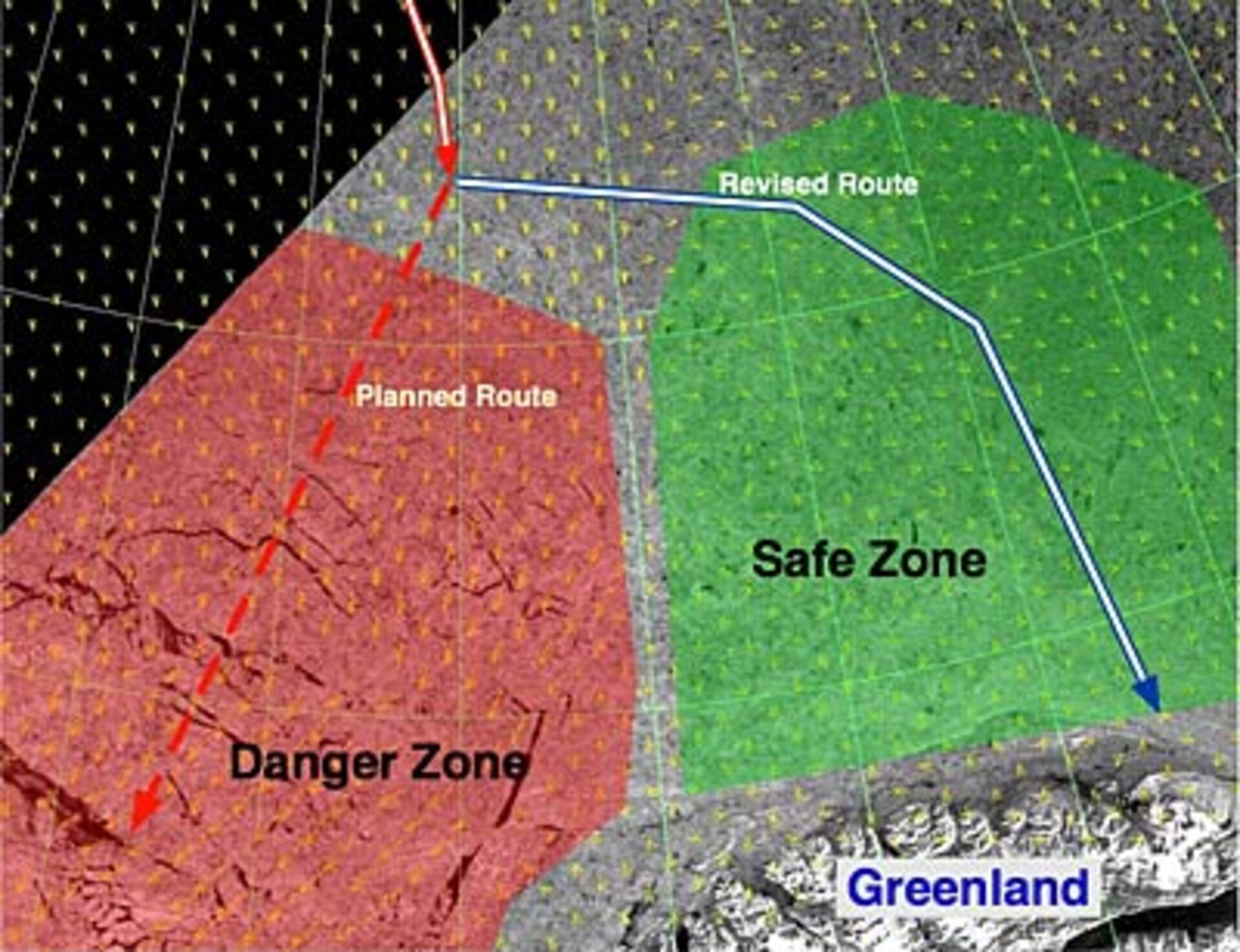 Sådan blev ruten ændret på baggrund af satellittens data.