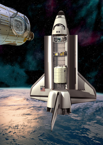 Artist’s impression of the Space Shuttle docking with the European-developed Node 2 on ISS assembly flight 1E with Columbus