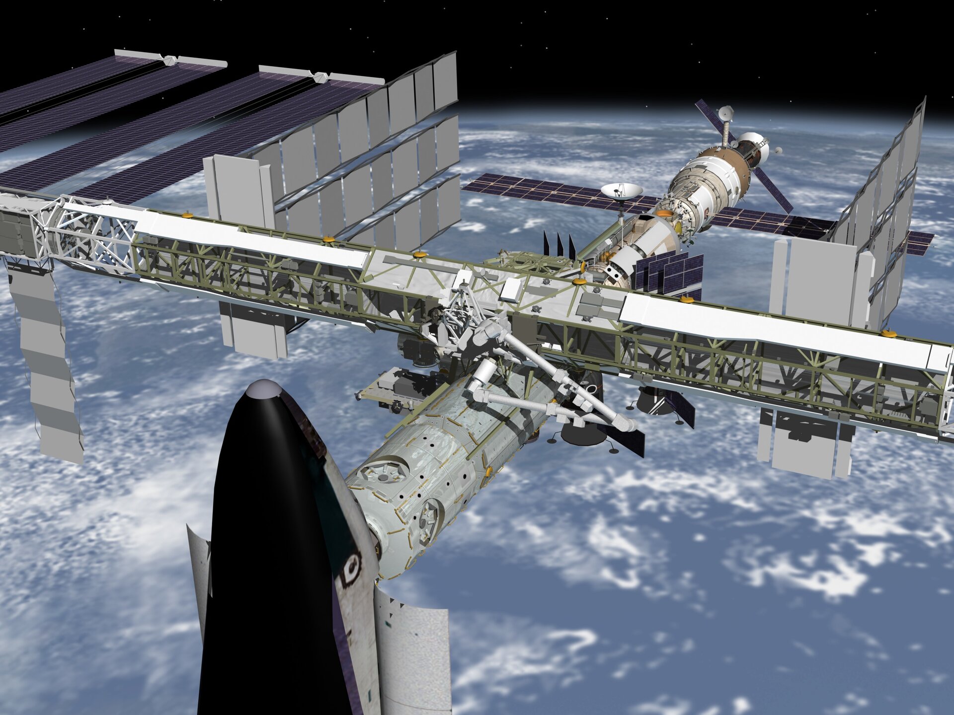 Post STS-120 mission showing the Space Shuttle docked to Node 2