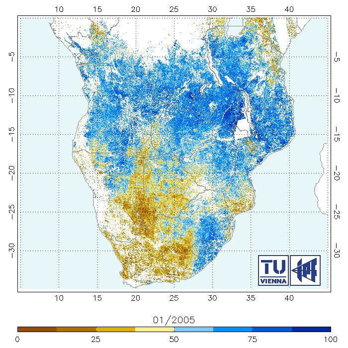 Mappatura dei valori di umidità del suolo in Africa tra 2005-2006