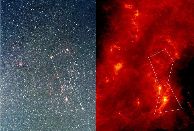 Orionin suuri kaasusumu näkyvän valon ja infrapunaisen valon alueella nähtynä