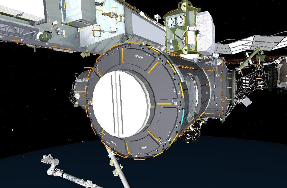 Artist's impression of Harmony located temporarily on the port side docking mechanism of Node 1