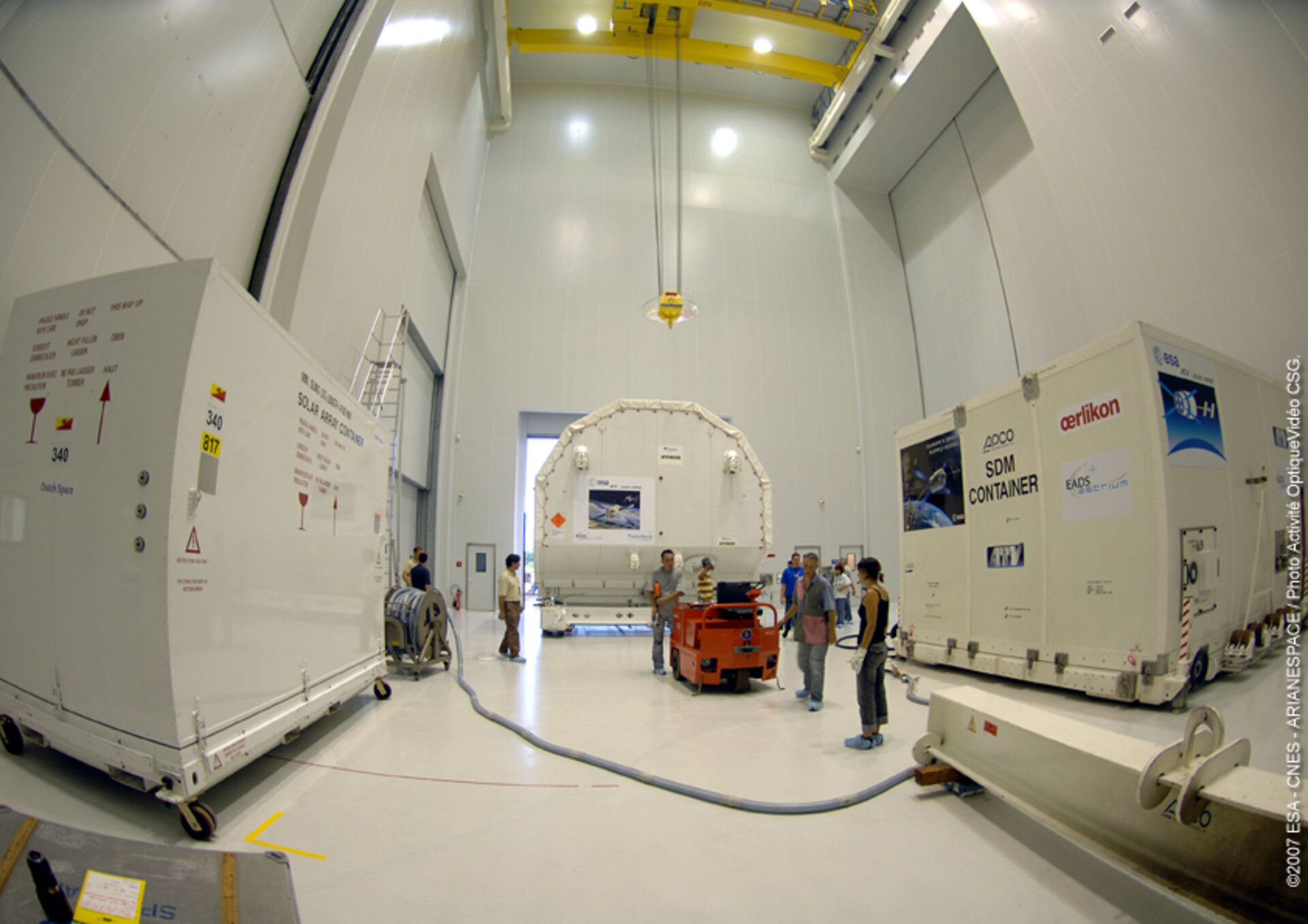 ATV transportation containers inside the S5 building at Europe's Spaceport in Kourou