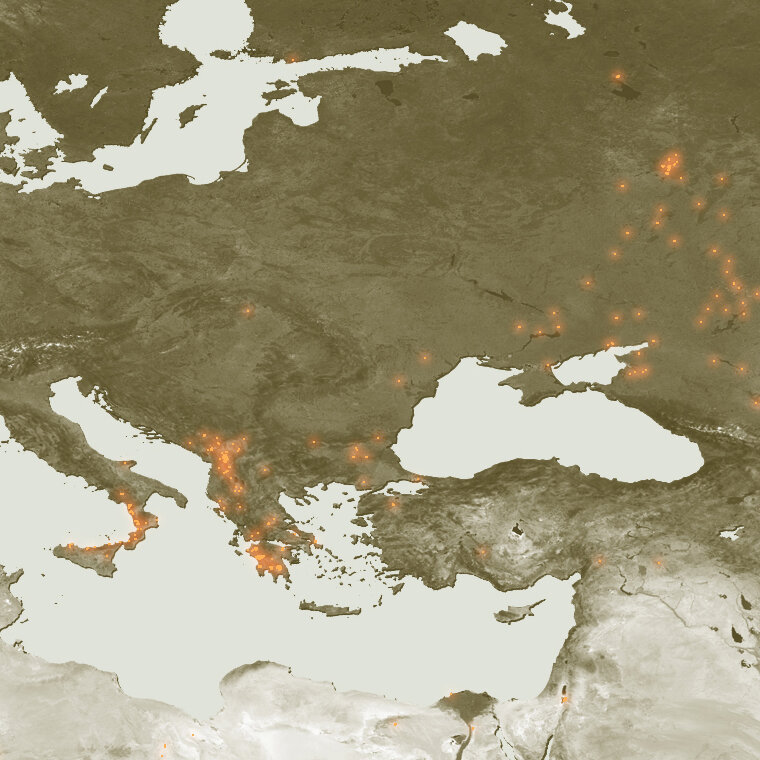 Dette sammensatte bildet viser skogbranner i Syd- og Øst-Europa fra 21. til 26. august 2007. Bildene er tatt med infrarød sensor.