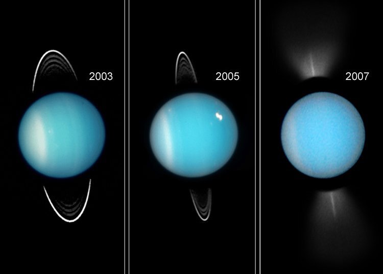 Uranus, waargenomen door de Hubble-ruimtetelescoop in respectievelijk 2003, 2005 en 2007