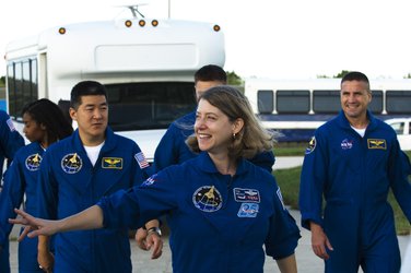 Members of the STS-120 crew prepare to meet the press during the Terminal Countdown Demonstration Test at KSC