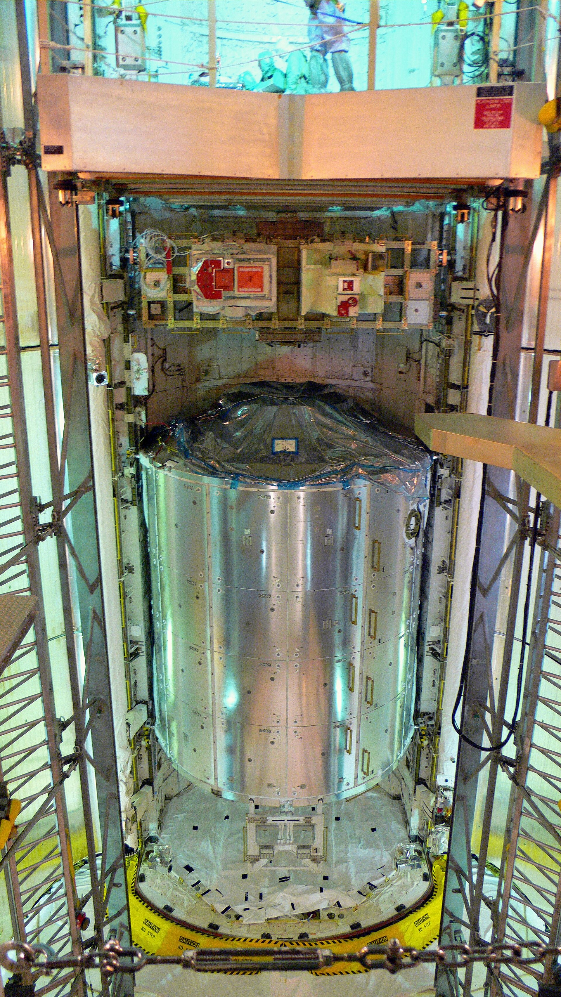 Columbus and the external platforms await launch on board Space Shuttle Atlantis