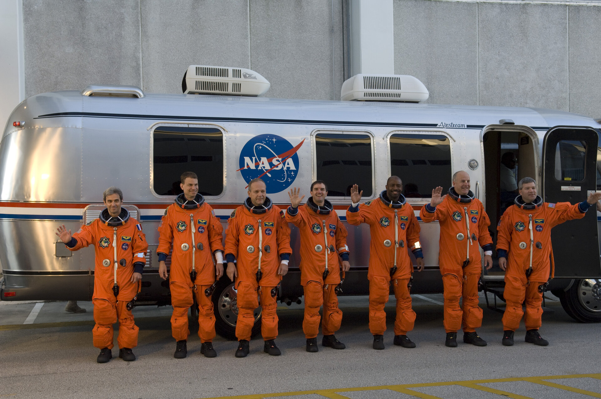 Crewmembers of the STS-122 shuttle mission during the practice countdown at NASA's Kennedy Space Center, Florida