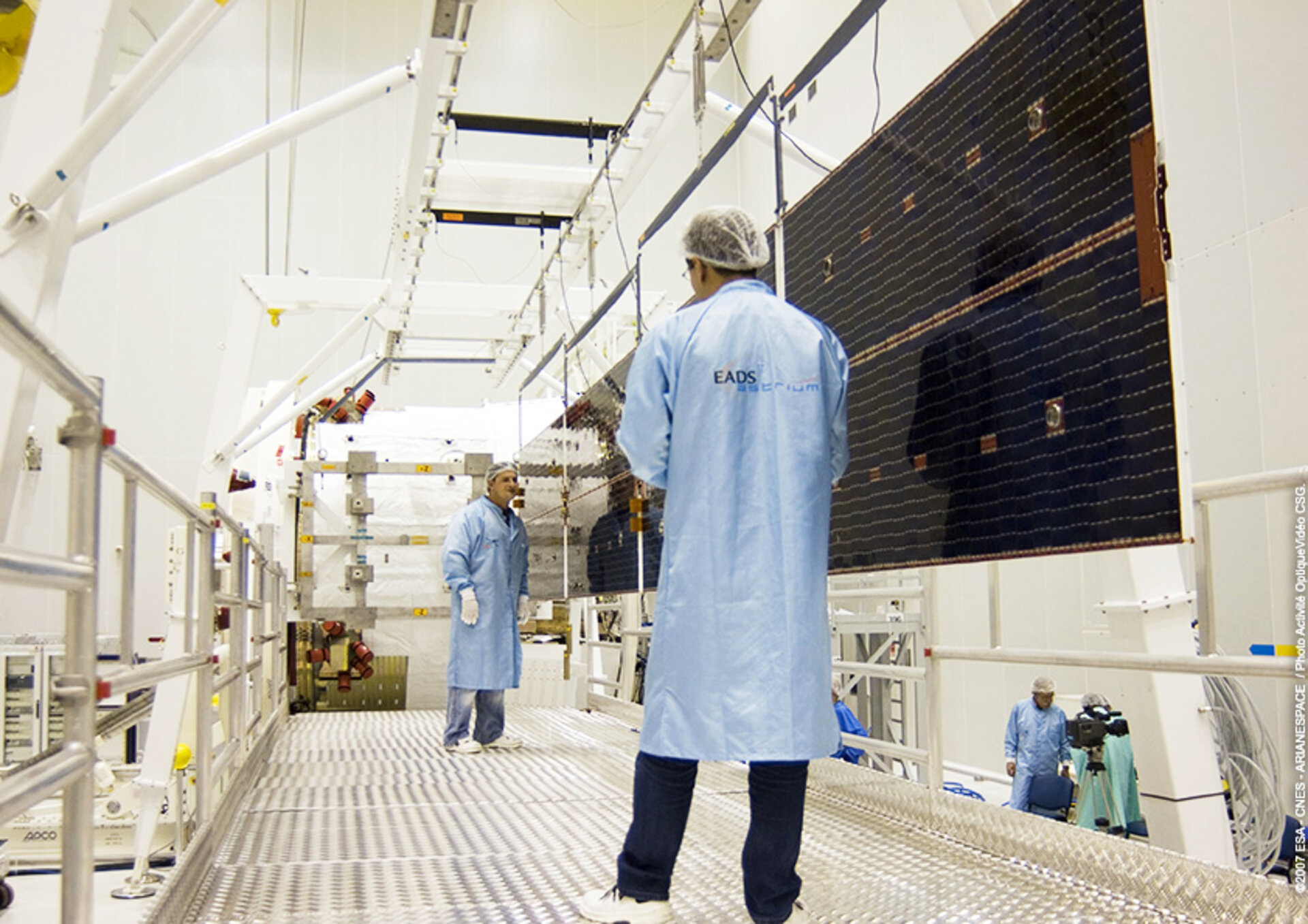 Inspection of deployed solar array at Europe's Spaceport in Kourou, French Guiana