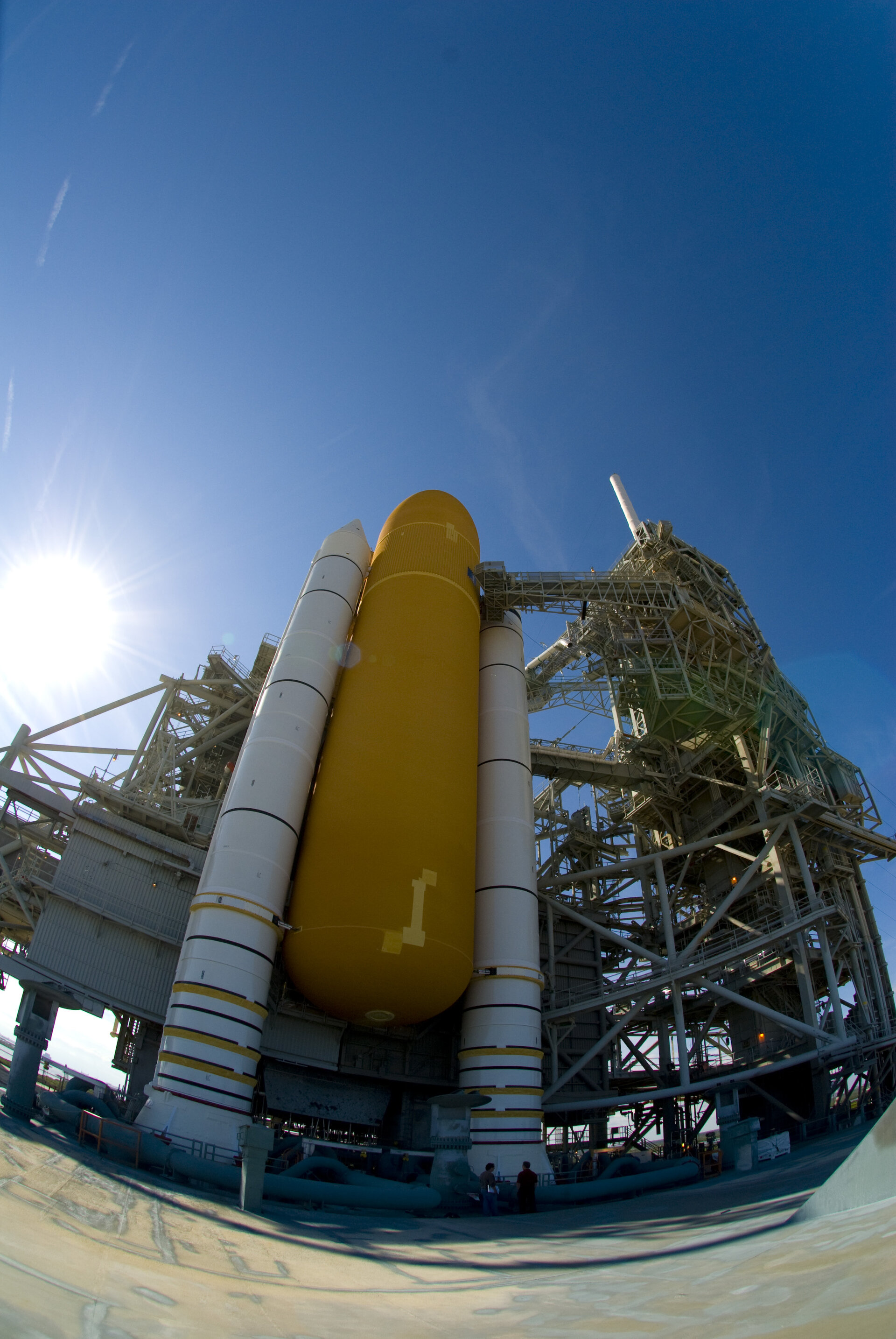 NASA's Space Shuttle Atlantis stands on the launch pad ready to carry the European Columbus laboratory to the ISS