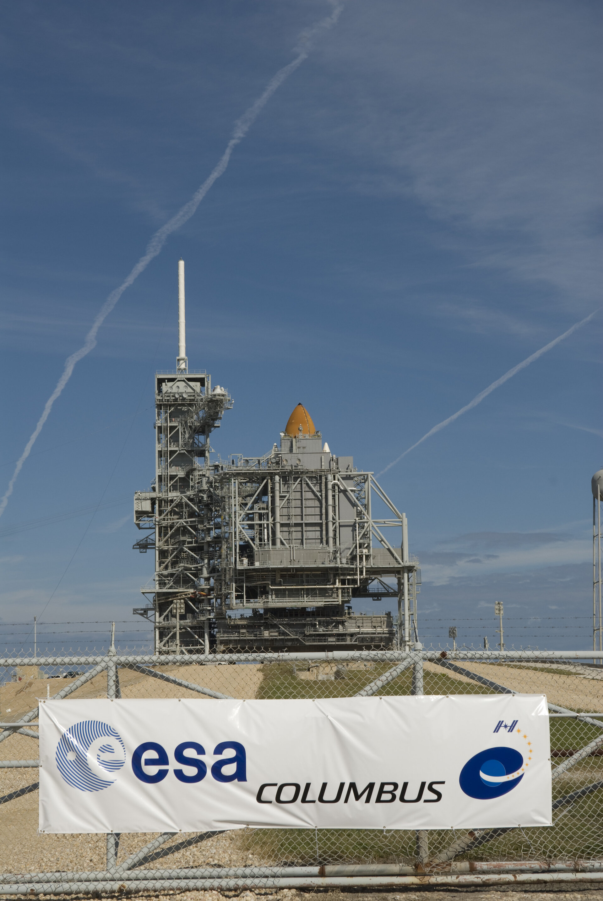 NASA's Space Shuttle Atlantis stands on the launch pad ready to carry the European Columbus laboratory to the ISS