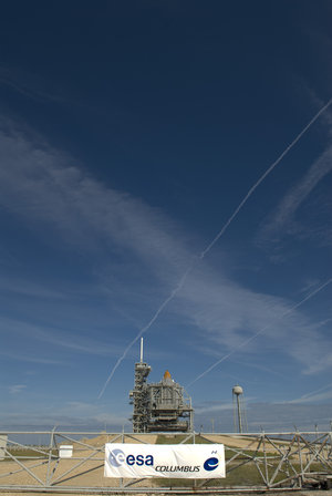 NASA's Space Shuttle Atlantis stands on the launch pad ready to carry the European Columbus laboratory to the ISS