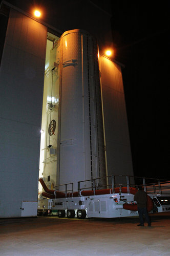 Payload canister holding Columbus rolls out of the Canister Rotation Facility