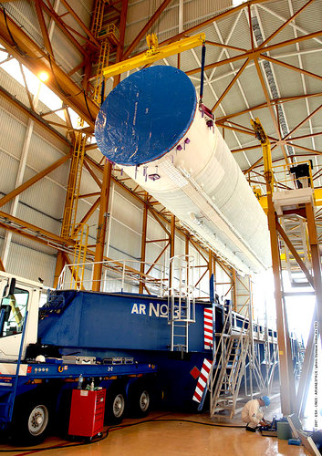 The main cryogenic stage for Jules Verne's Ariane 5 ES launch vehicle arrives in the Launcher Integration Building