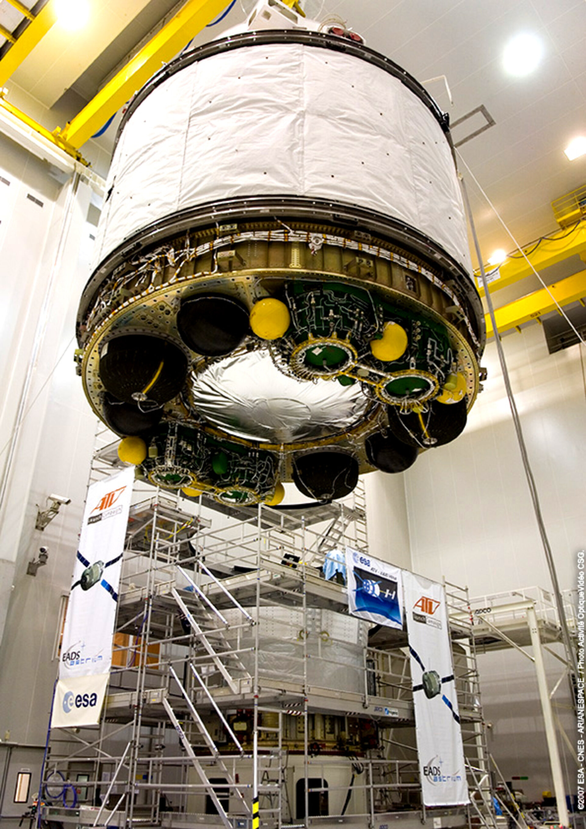 The two halves of the Jules Verne spacecraft are mated at Europe's Spaceport in Kourou, French Guiana