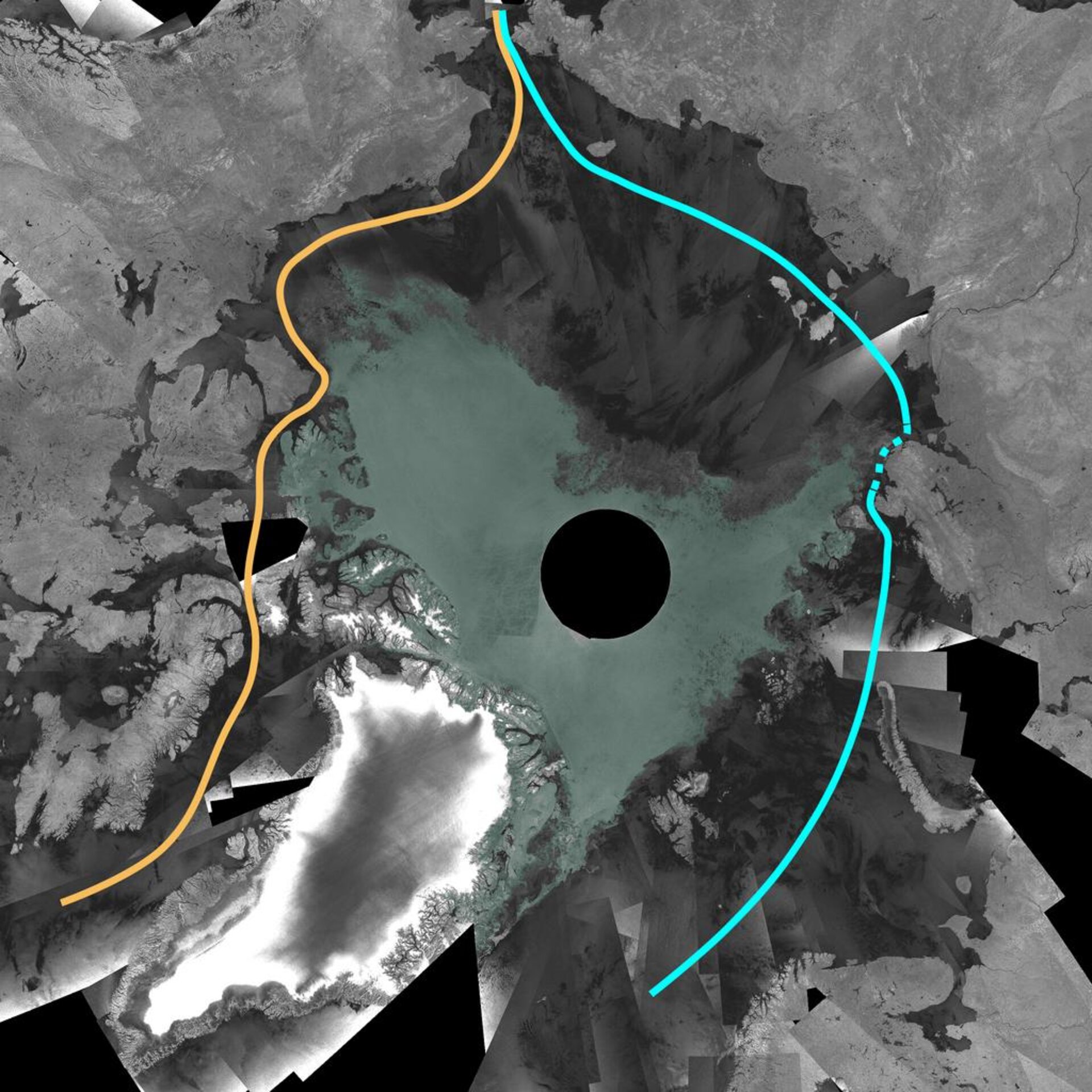 ESA:s Envisat visade hur nordpolsisens utbredning (blågrön) sommaren 2007 var den minsta någonsin