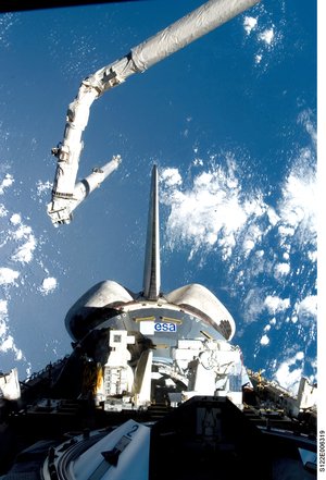 A view of Columbus in Atlantis' payload bay during inspection of the Shuttle's thermal heat shield