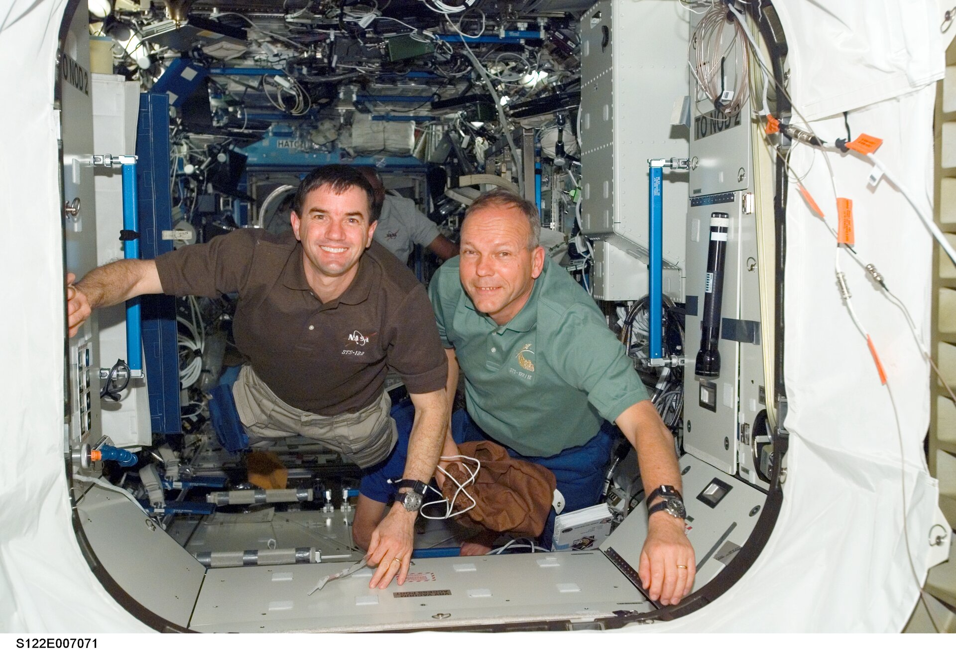 ESA astronaut Hans Schlegel with STS-122 crewmate Rex Walheim