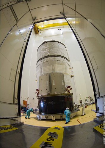 Jules Verne ATV is moved out of container in the Final Assembly Building at Europe's Spaceport in Kourou