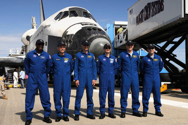 The STS-122 crew shortly after landing at Kennedy Space Center, Florida