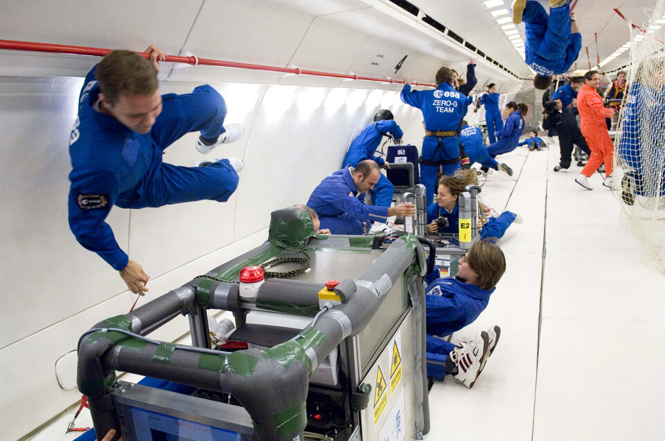 Inside view of Zero-G A300 Airbus during parabolic flight