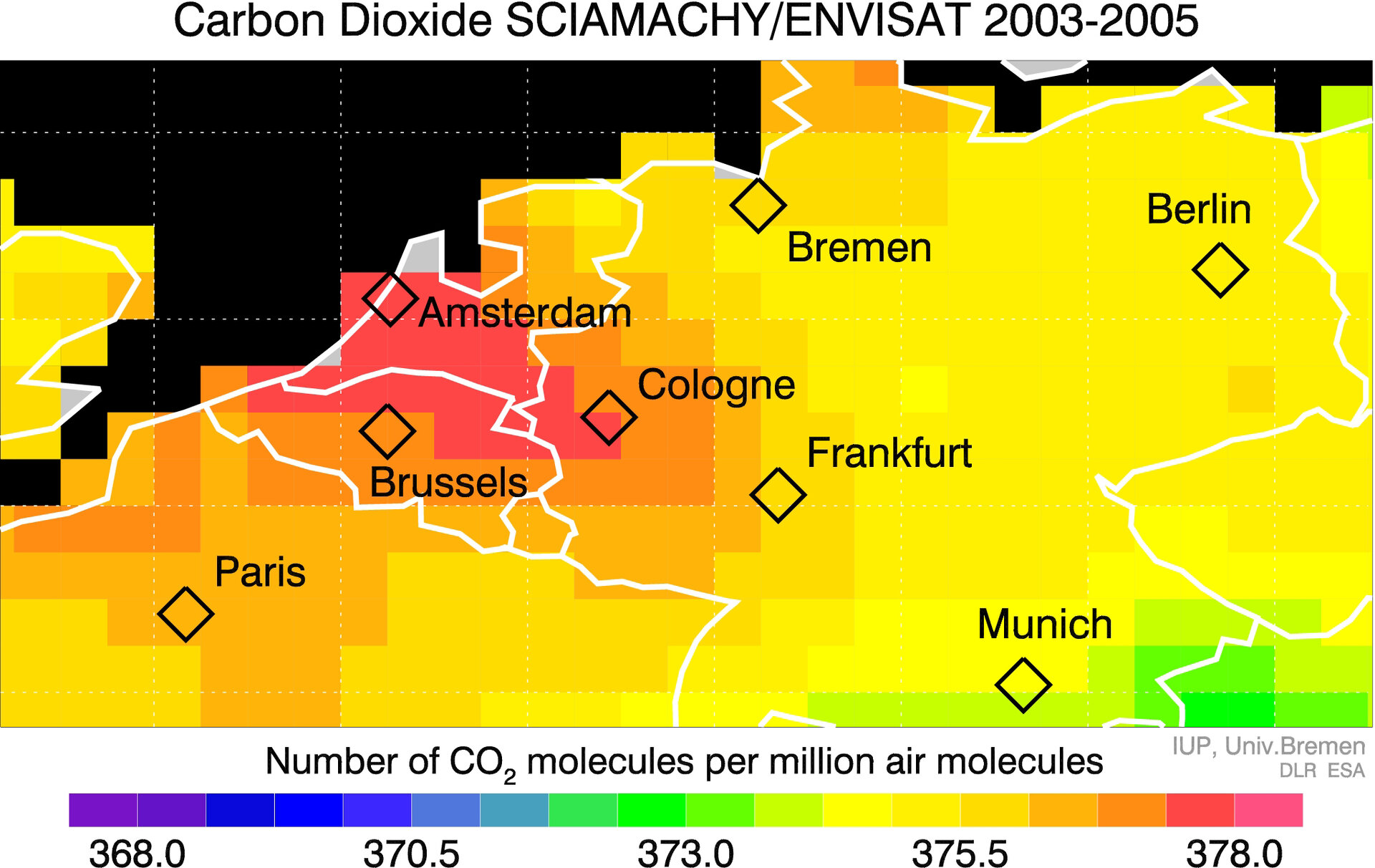 Forhøjet CO2 niveau over Europa.