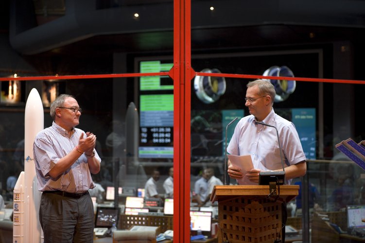 Jean-Jacques Dordain and Jean-Yves Le Gall after the successful launch of Jules Verne ATV