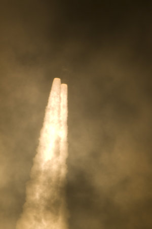 Liftoff of Ariane 5 ES-ATV into night sky over Kourou