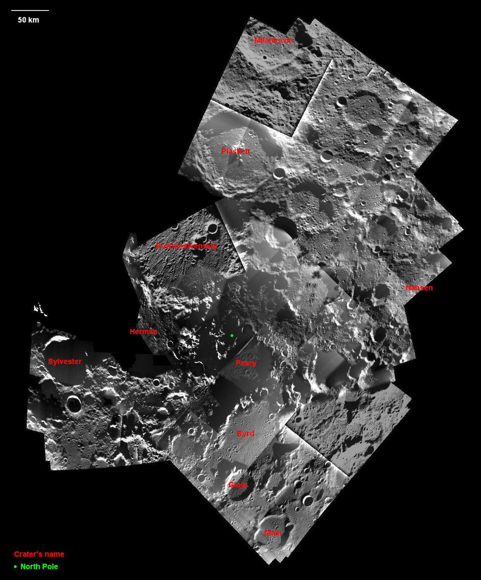 SMART tog även bilder av månens nordpol. Själva polen ligger nära den 73 kilometer vida Peary-kratern