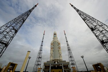 The Ariane 5 ES-ATV launcher, on its mobile launch table