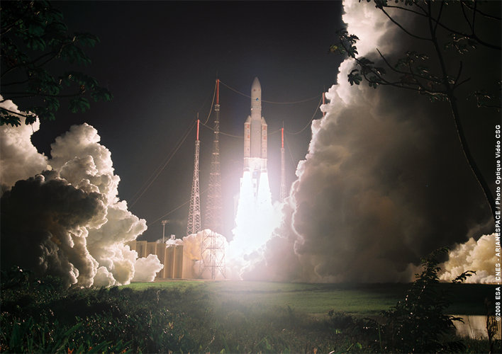 Ariane 5 ECA launcher clears the launch tower at Europe's Spaceport in Kourou, French Guiana