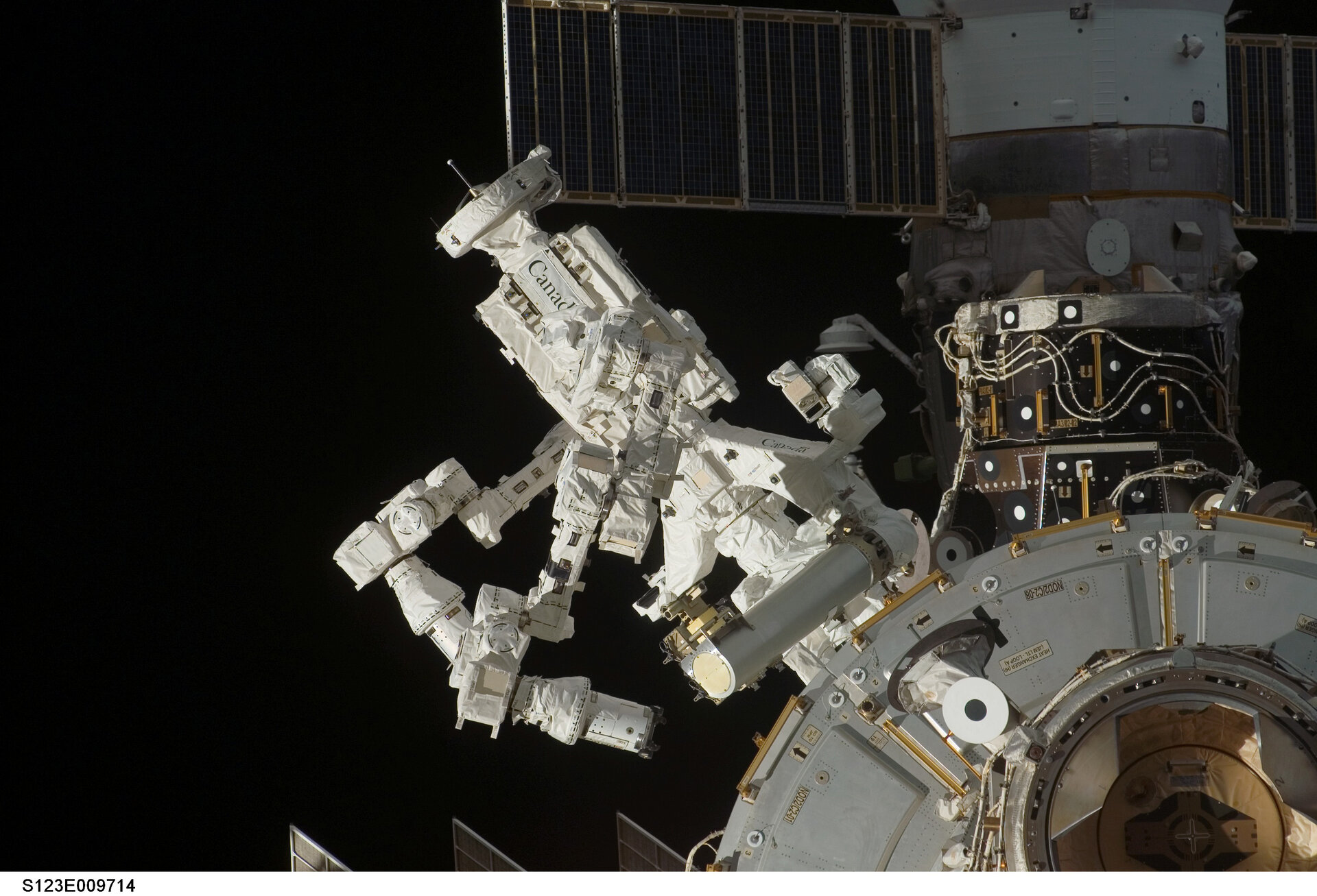 The Canadian Special Purpose Dextrous Manipulator, Dextre, installed on exterior of ISS