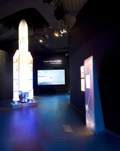 Scale model of Ariane 5 at Space Pavilion entrance