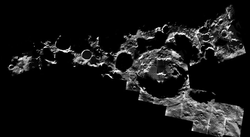 Mosaïque photographique du pôle Sud de la Lune, que l’on doit à la sonde SMART-1 de l’ESA