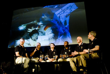 Shuttle crew of the STS-122 mission during the post-flight tour