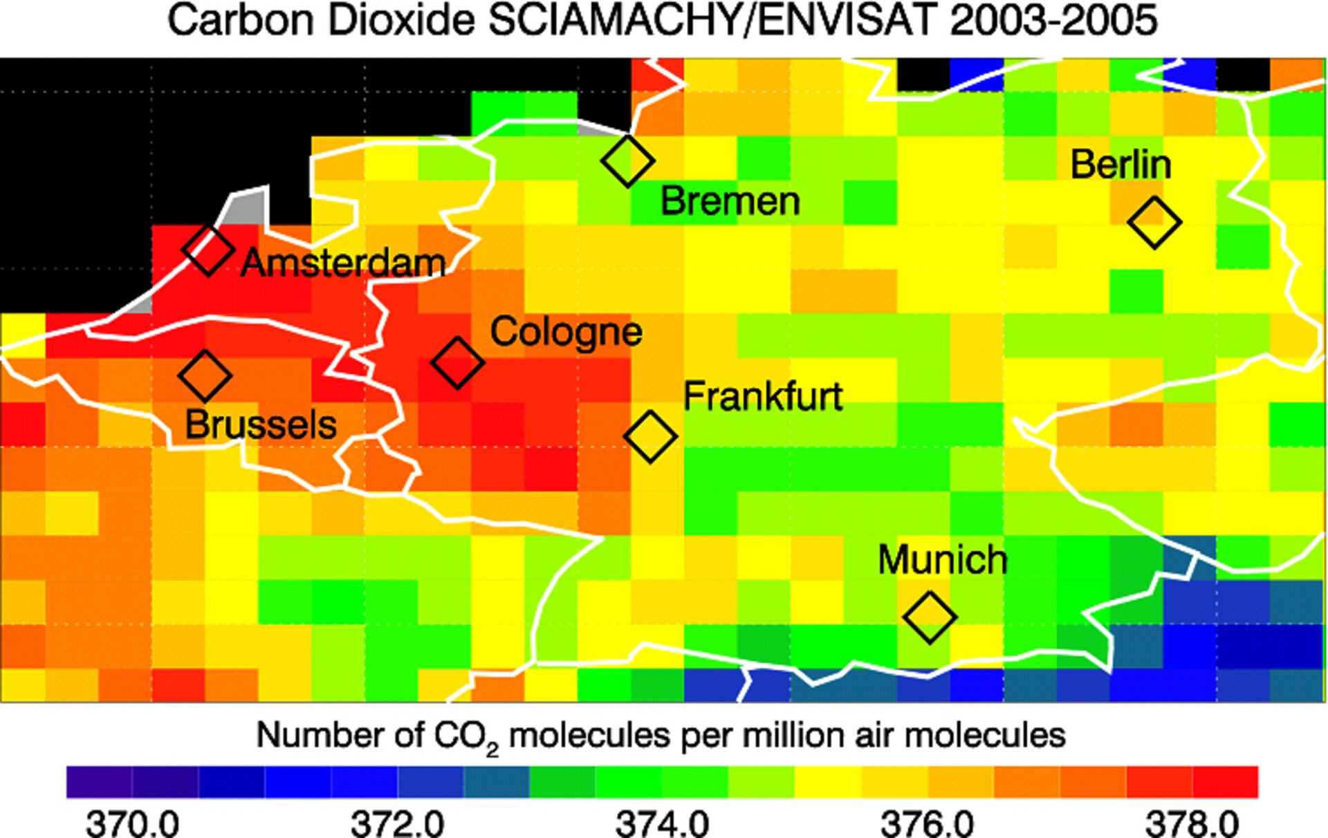 Voici, analysé sur la période 2003-2005, l'état du gaz carbonique sur le Bénélux et l’Allemagne