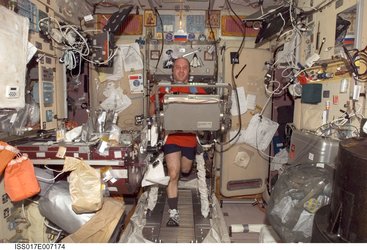 Garrett Reisman exercises on the treadmill in Zvezda module