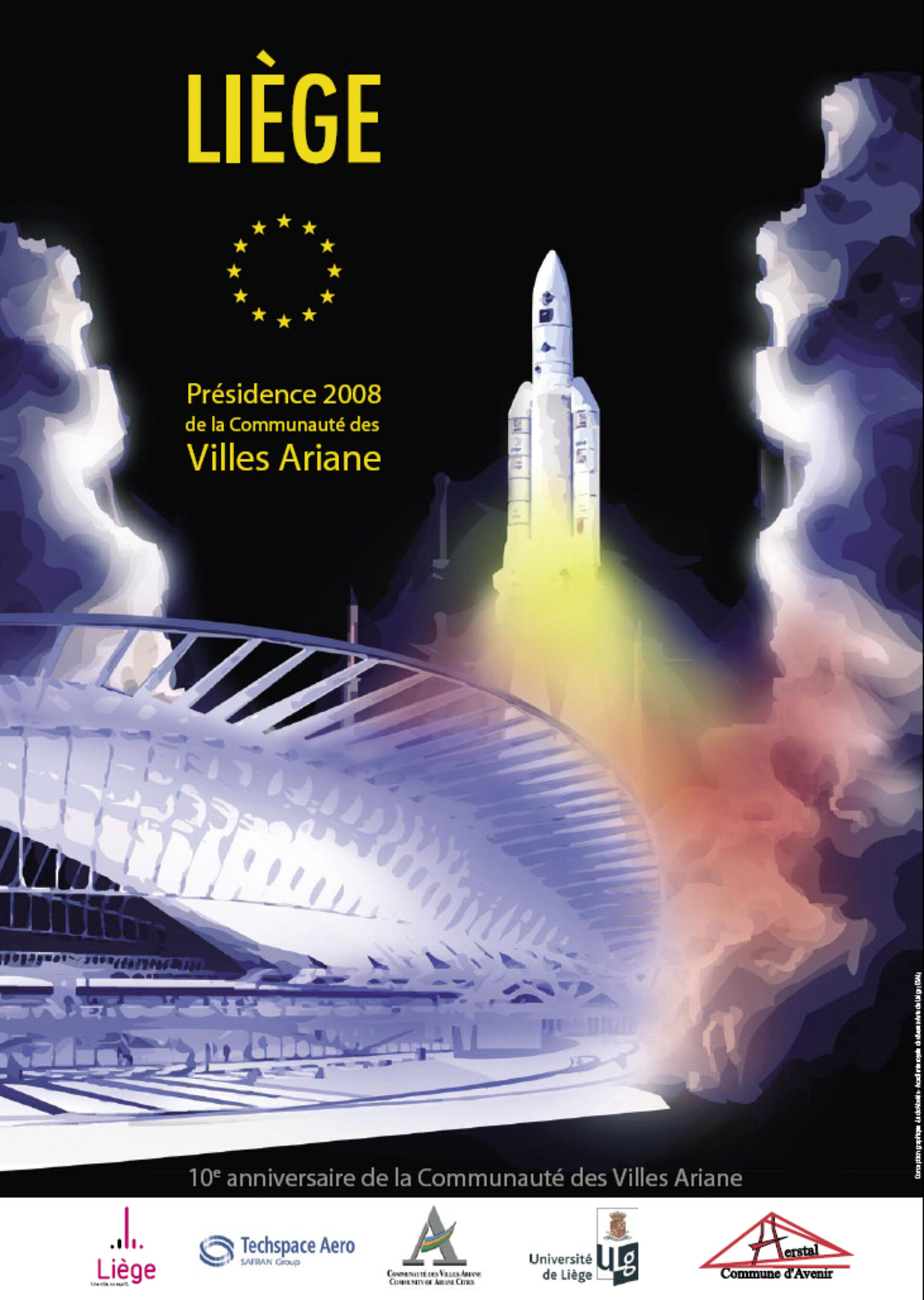 Oeuvre primée du jeune artiste liégeois cette affiche CVA Liège associe la gare de Liège et la fusée européenne Ariane.