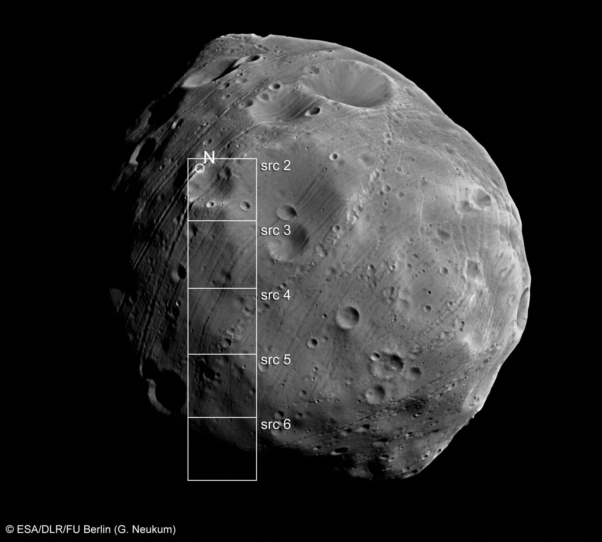 Image of Phobos with footprints of the Super Resolution Channel